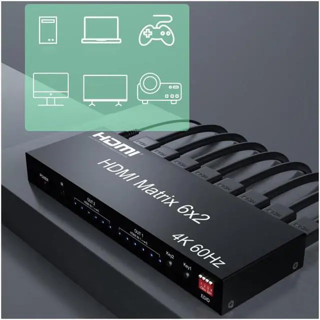 Alt view image 5 of 7 - HDMI 2.0 Matrix 6x2 Switch Splitter, 6 in 2 Out HDMI Video Switcher Splitter with Audio Extractor/IR Remote Controller, HDR 4K @60Hz RGB/YUV 4:4:4 SPDIF Optical + 3.5 mm Jack Audio Output