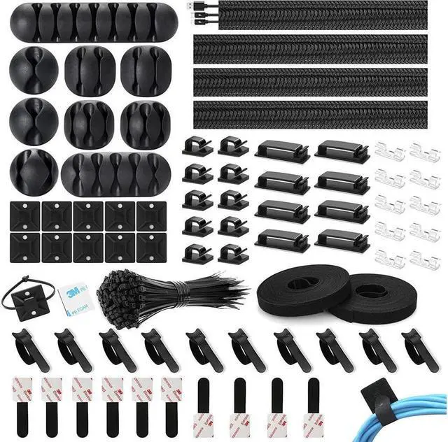 Main image of 173 Pcs Cable Management Organizer Kit, Include 4 Cable Sleeve Split with 47 Self Adhesive Cable Clips Holder, 10 Cable Ties, 10 Adhesive Wall Cable Tie, 100 Fasten Cable Ties, 2 x Roll Cable Ties