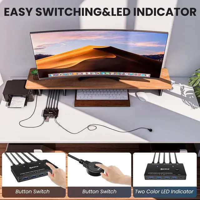 Alt view image 6 of 7 - KVM Switch HDMI 2 Port Box,USB 3.0 and HDMI Switch 8K@60Hz for 2 Computers Share Keyboard Mouse Printer and 1 HD Monitor,with Remote and Cables