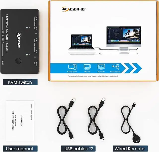 Alt view image 7 of 7 - KVM Switch HDMI 2 Port Box,USB 3.0 and HDMI Switch 8K@60Hz for 2 Computers Share Keyboard Mouse Printer and 1 HD Monitor,with Remote and Cables