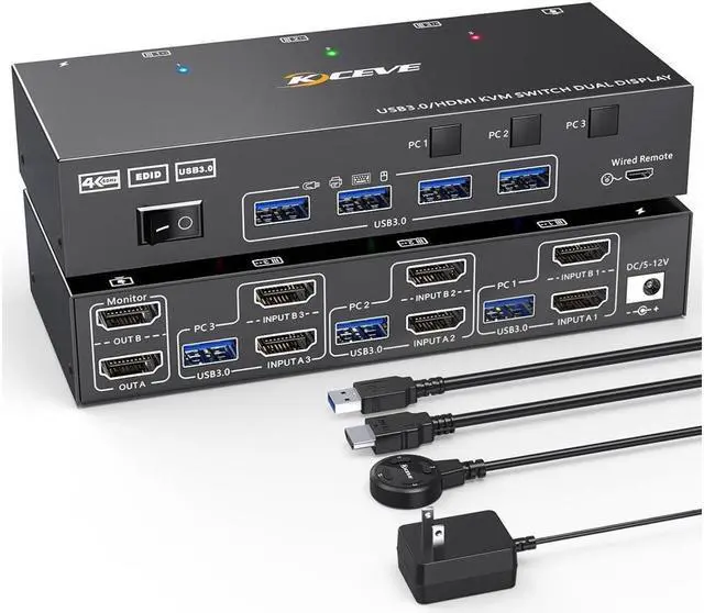 Main image of Dual Monitor KVM Switch USB 3.0 HDMI KVM Switch for 2 Monitors 3 Computers 4K@60Hz 2K@144Hz, with EDID Emulator, Dual Monitor KVM Switch with 4 USB 3.0 Ports, Wired Remote and Cables Included