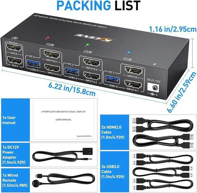 Alt view image 7 of 7 - HDMI KVM Switch 3 Computers 2 Monitors, KCEVE 4K@60Hz Dual Monitor USB 3.0 KVM Switcher with EDID Emulator, Support Copy and Extended Display, for 3 Computers Share 2 Displays and 4 USB Devices