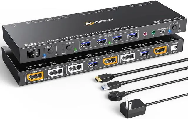 Main image of Displayport KVM Switch Dual Monitor KVM for 2 Computers 8K@30Hz/4K@144Hz Extend Display Support KVM Mode and USB Mode with Voice Control and Remote Control Include KVM Cables