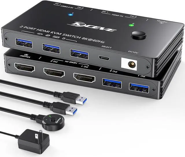 Main image of USB 3.0 KVM Switch HDMI 8K@60Hz with 3 USB3.0 Switch for 2 Computers Sharing 1 Monitor Keyboard Mouse with 2 USB Cables, Power Adapter and Controller