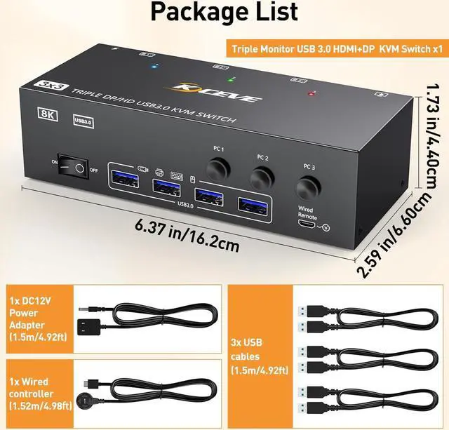 Alt view image 7 of 7 - 8K KVM Switch 3 Monitors 3 Computers HDMI + DisplayPort,  USB 3.0 DP KVM Switcher, 8K@30Hz/4k@144Hz Triple Monitor DP KVM for 3 PC Share 3 Display and 4 USB 3.0 Devices