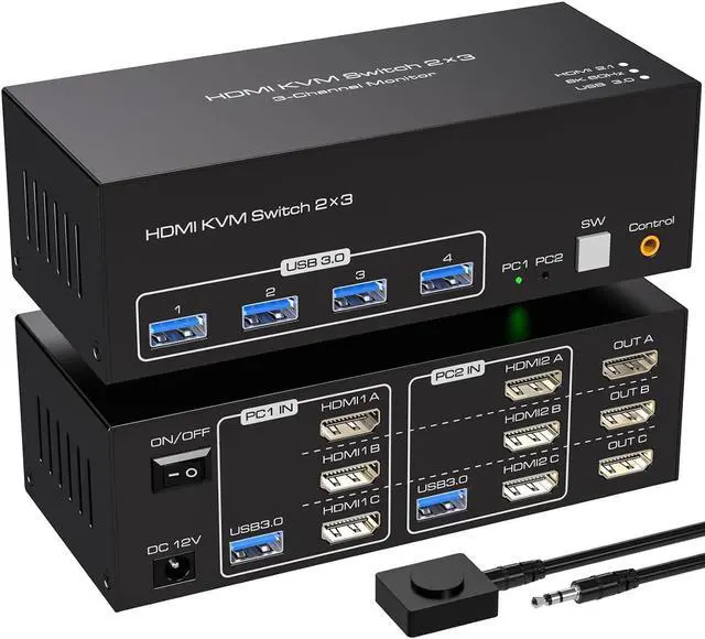 Main image of 8K@60Hz HDMI KVM Switch 3 Monitors 2 Computers USB 3.0 KVM Switcher with 4 USB Ports Monitor Switch for 2 Computers Support Extended & Copy Mode Wired Controller 12V DC Adapter 2 USB Cables Included