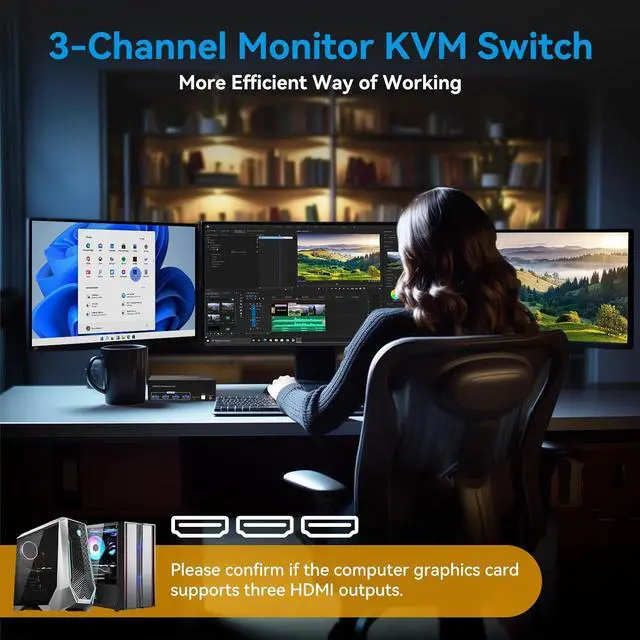 Alt view image 7 of 7 - 8K@60Hz HDMI KVM Switch 3 Monitors 2 Computers USB 3.0 KVM Switcher with 4 USB Ports Monitor Switch for 2 Computers Support Extended & Copy Mode Wired Controller 12V DC Adapter 2 USB Cables Included
