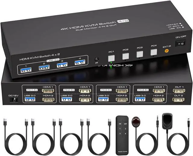 Main image of Dual Monitor HDMI KVM Switch 4 Computers 2 Monitors 4K@60Hz 2K@120Hz 4 Port KVM Switches for 4 PCs Share 2 Monitor and 4 USB 3.0 Devices with Remote Control,USB3.0 Cables and Power Adapte