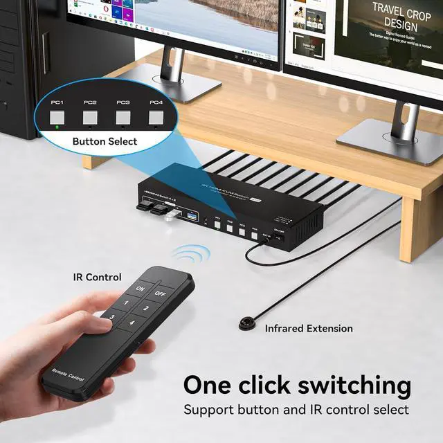 Alt view image 6 of 7 - Dual Monitor HDMI KVM Switch 4 Computers 2 Monitors 4K@60Hz 2K@120Hz 4 Port KVM Switches for 4 PCs Share 2 Monitor and 4 USB 3.0 Devices with Remote Control,USB3.0 Cables and Power Adapte