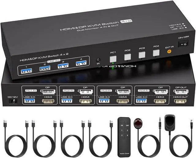 Main image of Dual Monitor HDMI+Displayport KVM Switch 4 Computers 2 Monitors 4K@60Hz 2K@120Hz 4 Port KVM Switches for 4 PCs Share 4 USB 3.0 Devices with Remote Control,USB3.0 Cables and Power Adapte