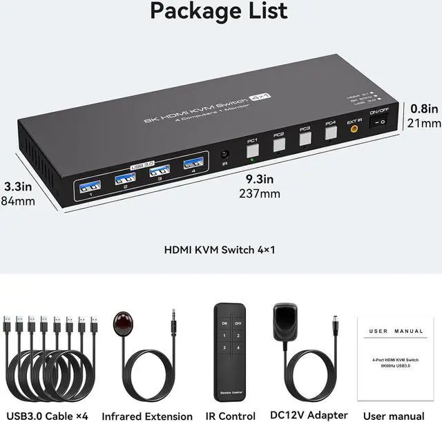 Alt view image 7 of 7 - HDMI2.1 KVM Switch 4 Computers 1 Monitor 8K@60Hz 4K@120Hz 4 Port KVM Switches For 4 PCs Share 4 USB Devices Like Keyboard Mouse Printer etc. With Remote Controller & Other External Accessories