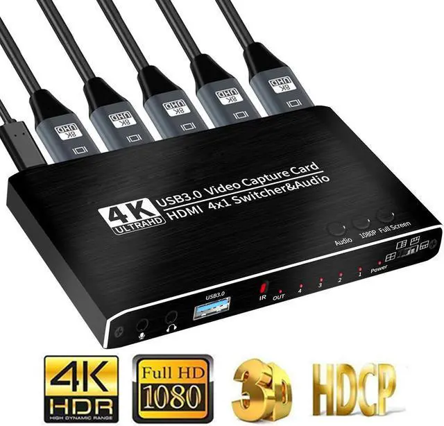 Main image of 4K@30Hz 4x1 HDMI Video Capture Card Seamless Switch with Mic & 3.5mm Audio 4K 30fps Board Game Capture Card USB3.0 Recorder Box Device for Live Streaming Video Recording Loop Out