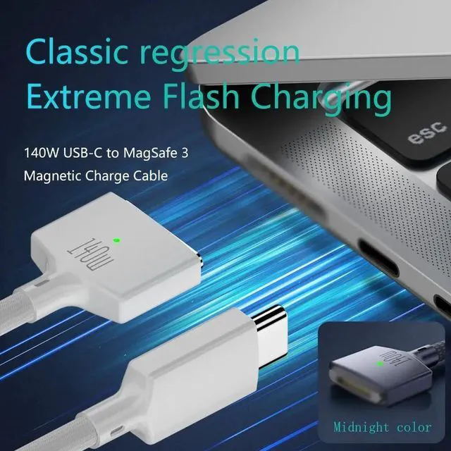 Alt view image 2 of 6 - 2M USB Type C to Magsafe 3 Magnetic Charger Cord Laptop Charging Cable Converter PD 140W for MacBook Air/Pro A2442 A2485 A2681