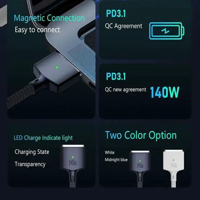 Alt view image 4 of 7 - 2M USB Type C to Magsafe 3 Magnetic Charger Cord Laptop Charging Cable Converter PD 140W for MacBook Air/Pro A2442 A2485 A2681