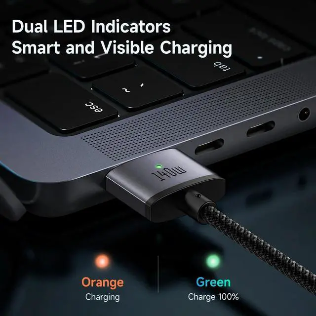 Alt view image 5 of 7 - PD 140W USB-C to MagSaf* 3 Fast Charge Magnetic Cable For Macbook Pro Air 13 14 16 M1 M2 Dual LED Indicators Charger Cord