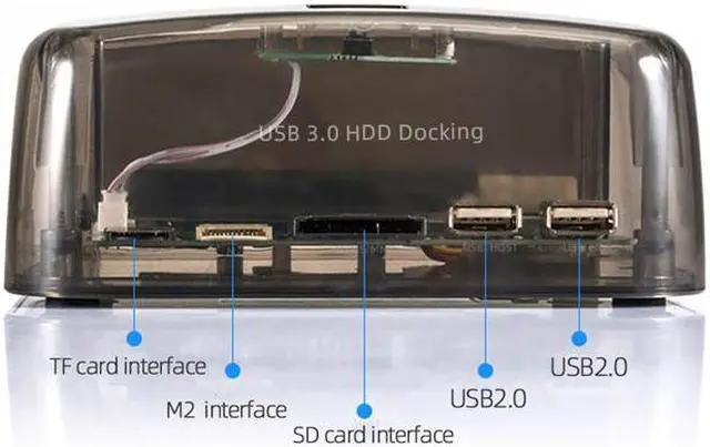 Alt view image 3 of 6 - Amify USB 3.0 Hard Drive Docking Station,OTB Function SATA IDE to USB 5Gbps Enclosure For 2.5 3.5 Inch 8TB SSD HDD Case w/SD/M2/TF Card Reader,2 Ports USB 2.0 Hub -Transparent Black