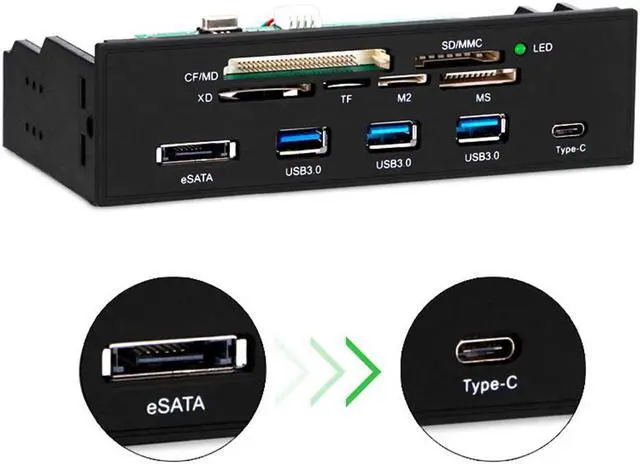 Alt view image 5 of 6 - Amify U2CR5253U3CESATA 5.25 inch PC Case Front panel All-in-1 Multifunction USB 2.0 Card Reader w/ 3 Port USB3.0,Type-C, eSATA ,Support MD,SD/MMC,XD,TF,M2,MS,64G CF Card