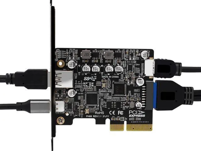 Alt view image 3 of 6 - USB C 10Gbps PCIe 3.0 Card,PCI Express x4 to USB 3.2 Type-C and Type-A 10Gb/s with Type-E A Key & USB 3.0 20Pin Motherboard Header Expansion Card for Front Panel w/ Full-Profile & Low-Profile Bracket