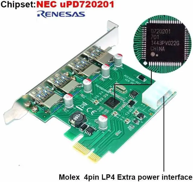 Alt view image 3 of 3 - Amify 4 Port PCIE PCI-e to USB 3.0 Expansion Card - USB 3.0 Hub Controller PCI Express Card Adapter w/ Extra Molex 4pin LP4 Power