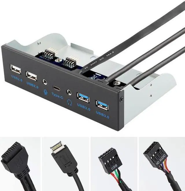 Alt view image 2 of 6 - Amify 5.25 Inch Front Panel 5 Ports USB Hub w/ HD Audio Output Port & Microphone Input, USB 3.2 Gen 2(10Gbps) Type-C+2 x USB 3.0 & 2 x USB 2.0 w/ USB 3.2 20Pin(aka Type-E),USB 3.0 20-Pin Header Cable
