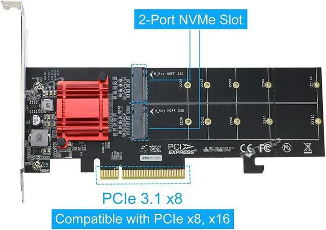 Alt view image 3 of 6 - Amify Dual NVMe PCIe Adapter, M.2 NVMe SSD to PCI-e 3.1 x8/x16 Card Support M.2 (M Key) NVMe SSD 22110/2280/2260/2242/2230