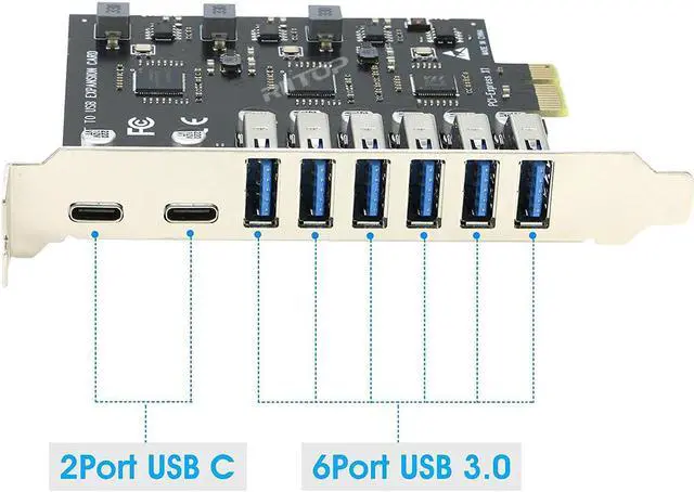 Alt view image 3 of 6 - Amify PCI-E to USB 3.0 Expansion Card (2X USB-C, 6X USB-A) ,PCIE Express USB3.0 Adapter Card 5Gbps for Desktop PC Host Card Support Windows 11/10/8/7/XP and MAC OS 10.8.2 Above (No power required)