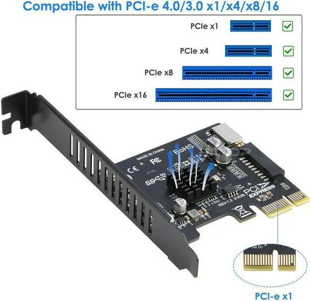 Alt view image 5 of 7 - Amify PCI-E 1X to USB 3.2 GEN1 5Gbps 20pin Front Panel Header (to Type-c Front Panel Header) + USB 3.0 19Pin Socket Expansion Card,Type-E Internal 20-pin Front Panel Connector Riser Card