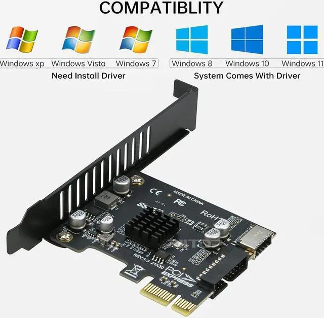 Alt view image 6 of 7 - Amify PCI-E 1X to USB 3.2 GEN1 5Gbps 20pin Front Panel Header (to Type-c Front Panel Header) + USB 3.0 19Pin Socket Expansion Card,Type-E Internal 20-pin Front Panel Connector Riser Card