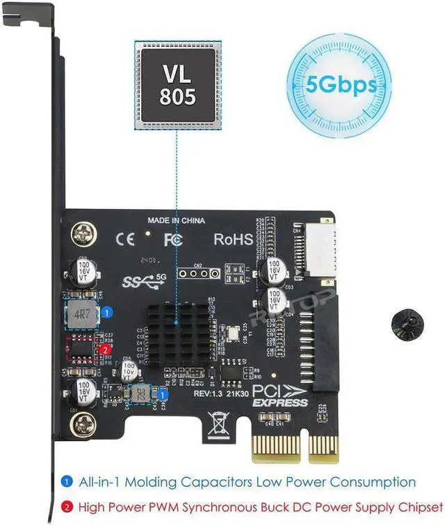 Alt view image 7 of 7 - Amify PCI-E 1X to USB 3.2 GEN1 5Gbps 20pin Front Panel Header (to Type-c Front Panel Header) + USB 3.0 19Pin Socket Expansion Card,Type-E Internal 20-pin Front Panel Connector Riser Card