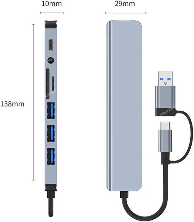 Alt view image 5 of 5 - Amify USB C HUB Docking Station for Dell/HP/Lenovo/Surface Laptop, 8 in 1 USB C Hub Adapter w/5Gbps USB3.0+3*USB2.0+USB C Data+SD/TF+Audio [SD/TF can NOT work simultaneously]