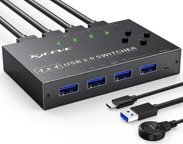 Main image of USB 3.0 Switch Selector 4 Computers Share 4 USB 3.0 Ports, 3.0 Switch for Keyboard Mouse Switch,USB Switcher Compatible with Mac/Windows/Linux,Wired Remote and 4 USB 3.0 Cable Included