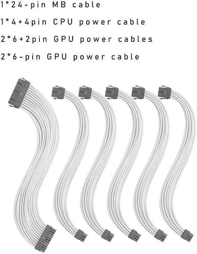 Main image of Mod Sleeved Cable, White Power Supply Cable Extension Kit, 24PIN ATX, 4+4 PIN EPS, Dual 6+2 PIN PCIE, Dual 6 PIN PCIE(11.81")
