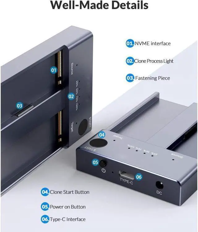 Alt view image 4 of 6 - Dual Bay M.2 NVME SSD Enclosure Offline Clone USB C 3.1 Gen2 10Gbps For M Key & M/B Key NVME PCIe SSD Hard Drive Reader