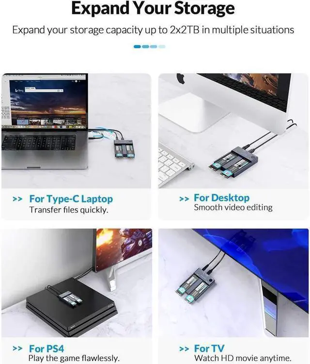 Alt view image 2 of 6 - Dual Bay M.2 NVME SSD Enclosure Offline Clone USB C 3.1 Gen2 10Gbps For M Key & M/B Key NVME PCIe SSD Hard Drive Reader