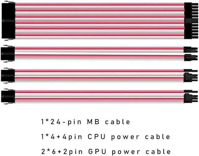 Main image of Mod Sleeved Cable, Pink & White Power Supply Cable Extension Kit, 24PIN ATX, 4+4 PIN EPS, Dual 6+2 PIN PCIE(11.81")