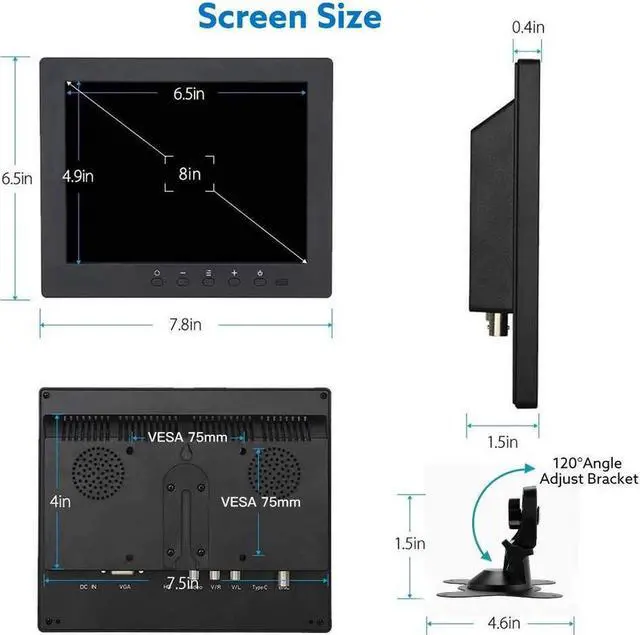 Alt view image 6 of 6 - 8 Inch HDMI Monitor 1024x768 Resolution Small Display Portable 4:3 TFT LCD Mini HD Screen Support HDMI VGA BNC AV Input