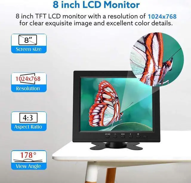 Alt view image 2 of 6 - 8 Inch HDMI Monitor 1024x768 Resolution Small Display Portable 4:3 TFT LCD Mini HD Screen Support HDMI VGA BNC AV Input