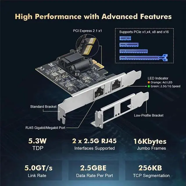 Alt view image 5 of 5 - 2.5GBase-T Gigabit Network Adapter with 2 Ports 2500Mbps PCIe 2.5gb Ethernet Card RJ45 LAN Controller Card