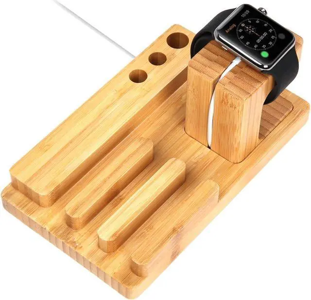 Alt view image 5 of 6 - Mobile Phone Desktop Holder Stand for iPad Tablet Bracket Real Bamboo wood Charging Stand for Apple Watch Pad Phone Tablet