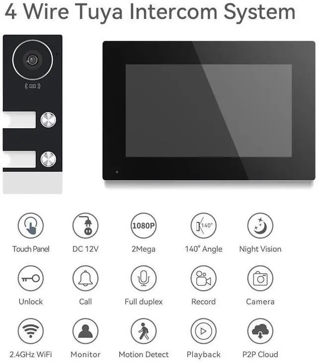 Alt view image 13 of 14 - visiPower 2 Units 4-pin Wired WiFi Apartment Video Intercom Doorbell System, 2MP 7" Touch Monitor,TUYA Smart APP Motion Detect Unlock, 2-Way Talk Night Vision Visual Doorbell (1 Doorbell+2 Monitor)