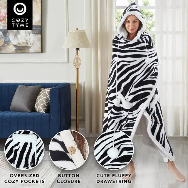 Alt view image 3 of 7 - Cozy Tyme Oversized Sherpa Wearable Blanket Hoodie - Cozy Blanket with Big Pockets 50"x70" Aliza, Zebra