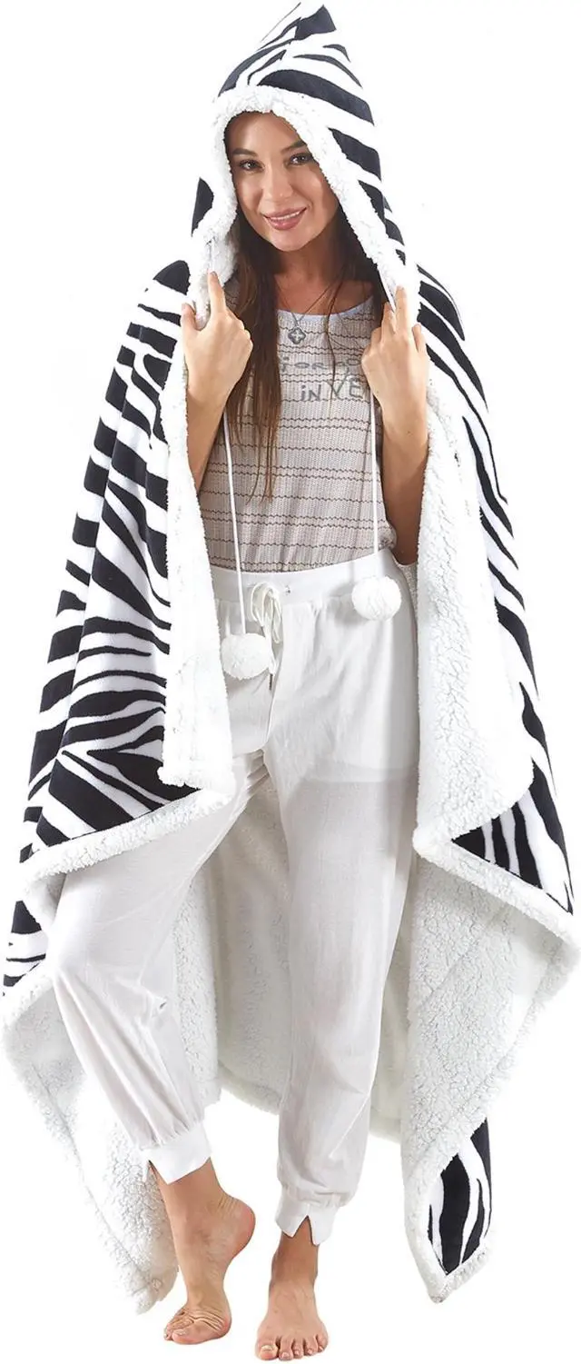 Alt view image 2 of 7 - Cozy Tyme Oversized Sherpa Wearable Blanket Hoodie - Cozy Blanket with Big Pockets 50"x70" Aliza, Zebra