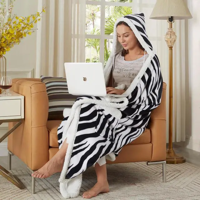 Main image of Cozy Tyme Oversized Sherpa Wearable Blanket Hoodie - Cozy Blanket with Big Pockets 50"x70" Aliza, Zebra