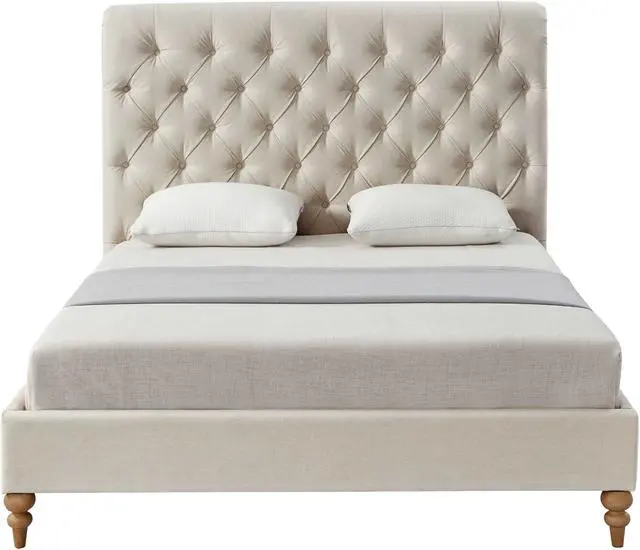 Alt view image 2 of 7 - Rustic Manor Chace Bed - Rolled Top Button Tufted | Nailhead Trim, Beige Linen