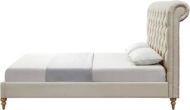 Alt view image 3 of 7 - Rustic Manor Chace Bed - Rolled Top Button Tufted | Nailhead Trim, Beige Linen