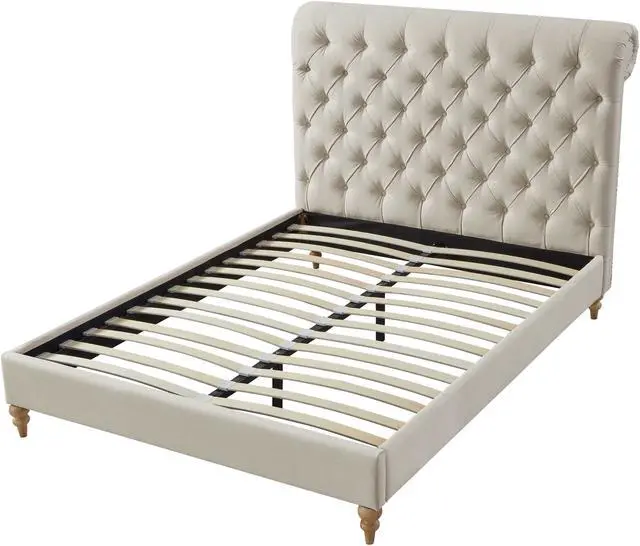 Alt view image 4 of 7 - Rustic Manor Chace Bed - Rolled Top Button Tufted | Nailhead Trim, Beige Linen