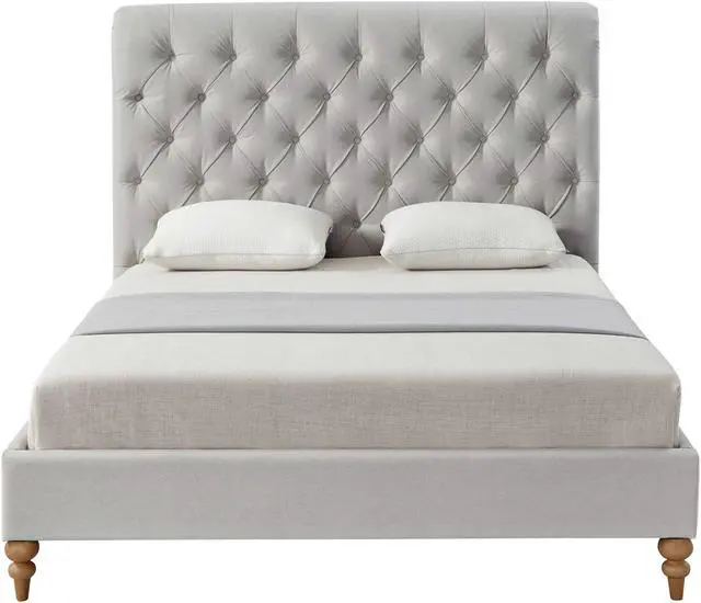 Alt view image 2 of 7 - Rustic Manor Chace Bed - Rolled Top Button Tufted | Nailhead Trim, Grey Linen