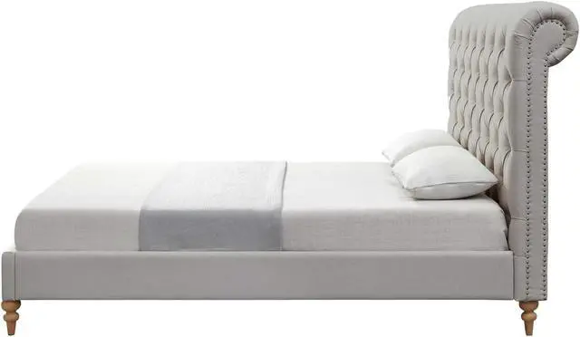 Alt view image 3 of 7 - Rustic Manor Chace Bed - Rolled Top Button Tufted | Nailhead Trim, Grey Linen
