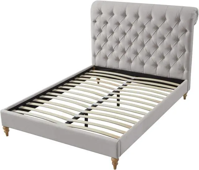 Alt view image 4 of 7 - Rustic Manor Chace Bed - Rolled Top Button Tufted | Nailhead Trim, Grey Linen
