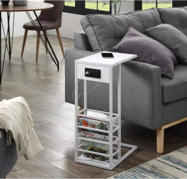 Main image of Loft Lyfe Miller C Table - Magazine Holder, 2 USB Charging Ports, 2 Outlets, Power Plug | MDF Veneer Top, Metal Base, White/White